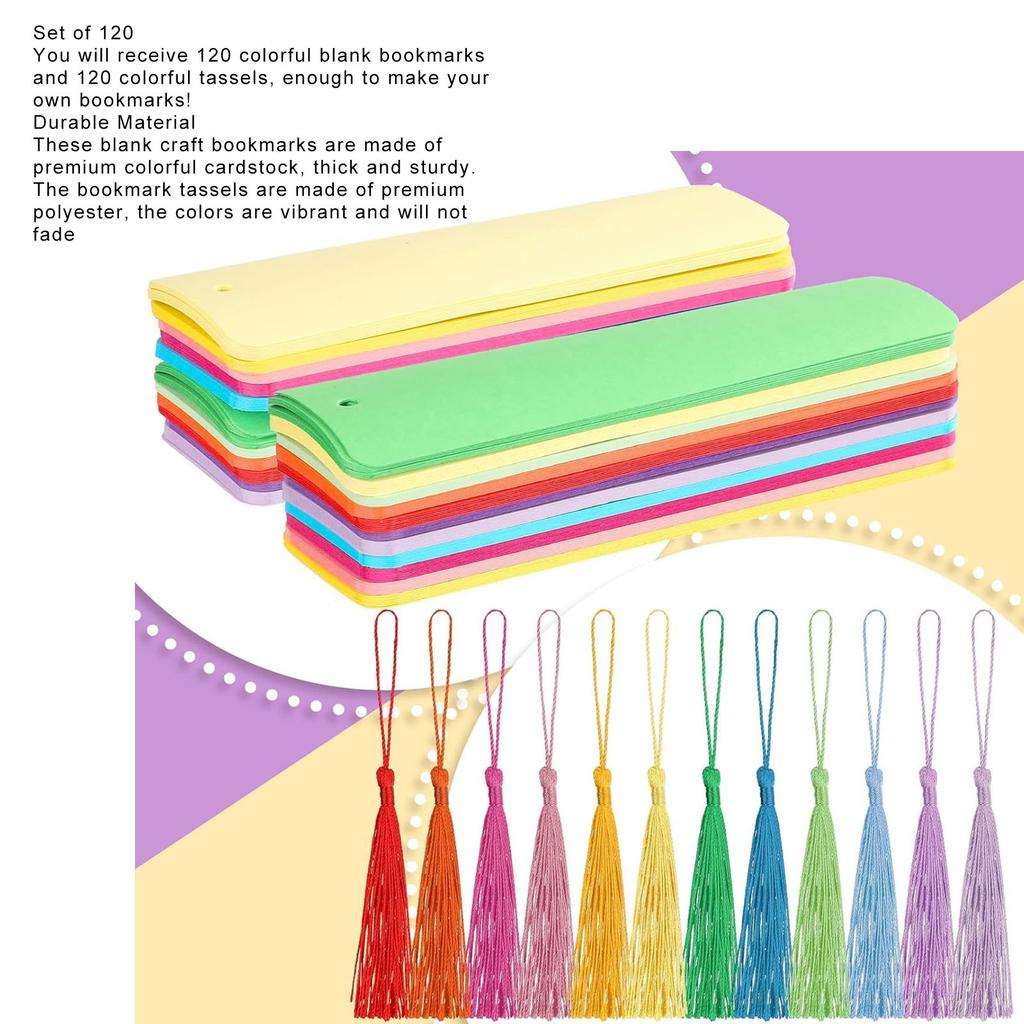 120 Set Blank Color Cardstock Bookmarks with Colorful Tassels Craft DIY Paper Bookmarks for DIY Craft Projects and Gift Tags
