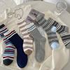 Grey Socks Cotton Mid-Leg Socks Double Needle Cotton Spring And Autumn Striped Pile Socks Collegiate Style Stockings