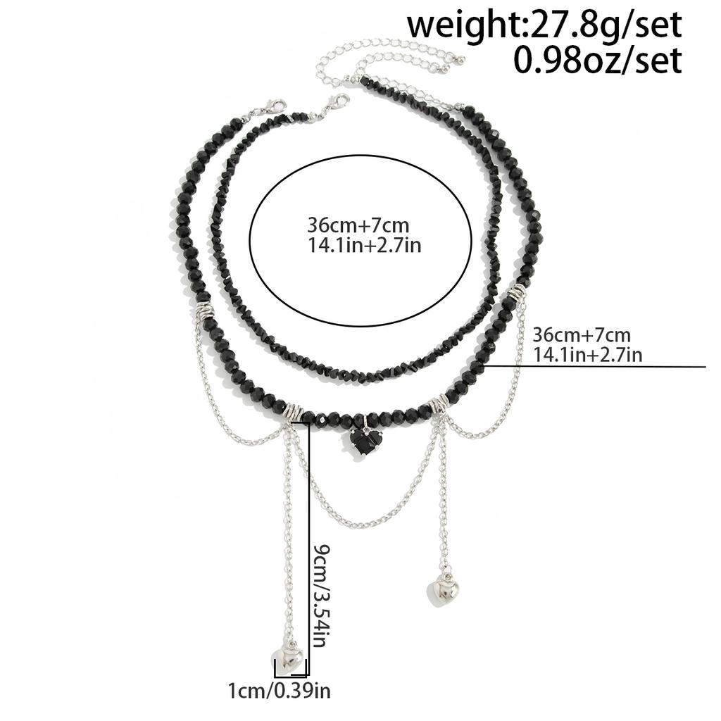 Salircon 2Pcs/set Peach Heart Tassel Pendant Necklace for Women Boho Exquisite Crystal Beaded Clavicle Chain Fashion Y2K Jewelry