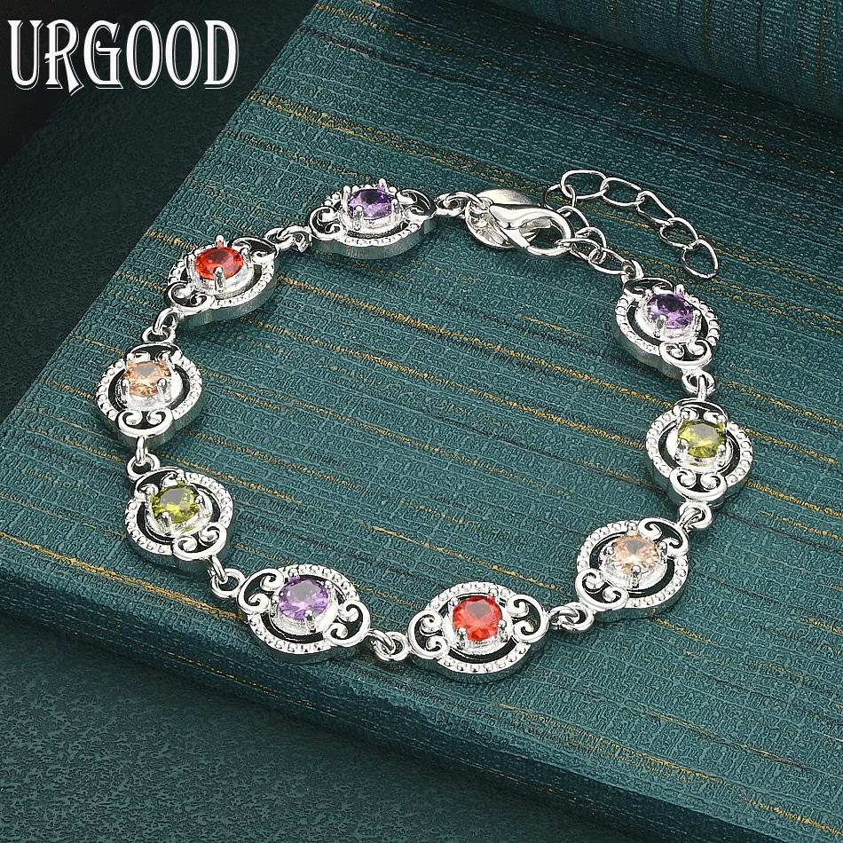 Fashion Colorful Round AAA Zircon 925 Sterling Silver Bracelet Jewelry 20CM