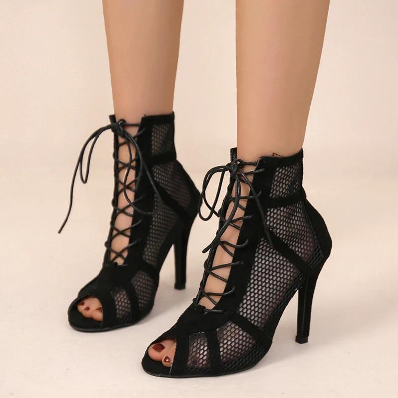 Sandalias sexis de tacón alto con malla hueca para mujer, sandalias de verano con punta abierta y tiras cruzadas, zapatos de baile con red negra