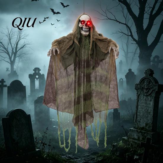 Creepy Doorway Ghost Ornaments Halloween Animatronics Hanging Decoration, Sound Activated Grim Reaper Prop with LED Secret Room Props Glowing Eyes And