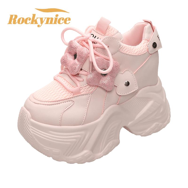 New Women Autumn Sport Dad Shoes High Top Chunky Casual Sneakers Thick Bottom Mesh Shoes Woman 10CM Lace-up Platform Sneakers