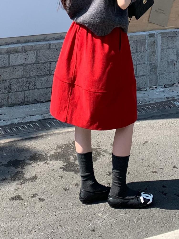 Available: Korean Chic Christmas Red High-Waisted Corduroy Midi Skirt for Women Medium