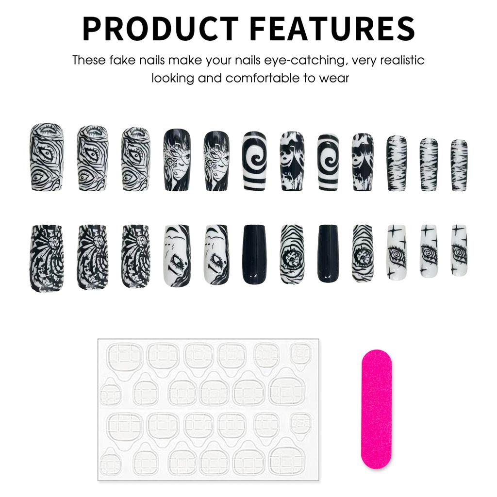 24Pcs Japanese Coffin Shaped Black White Horror Ghost Fake Nails Full Cover Halloween Press On Nail Tips