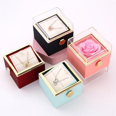 Personalized Engraving Stainless Steel Double Ring Love Necklace Rotating Rose Jewelry Box
