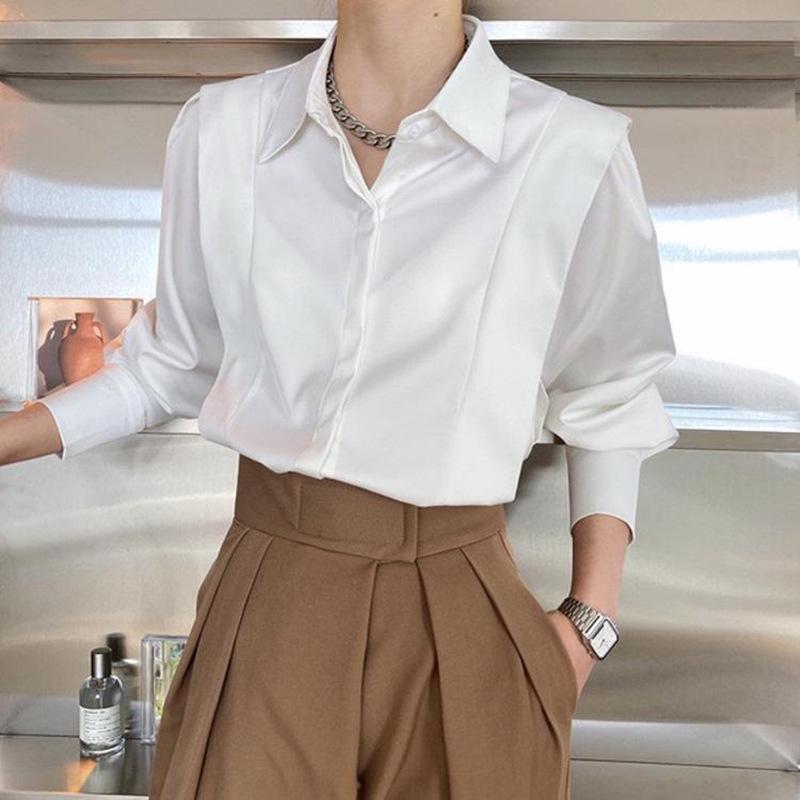 Chic Spring French Satin Long Sleeve White Shirt - Wrinkle-Resistant Women's High-End Design