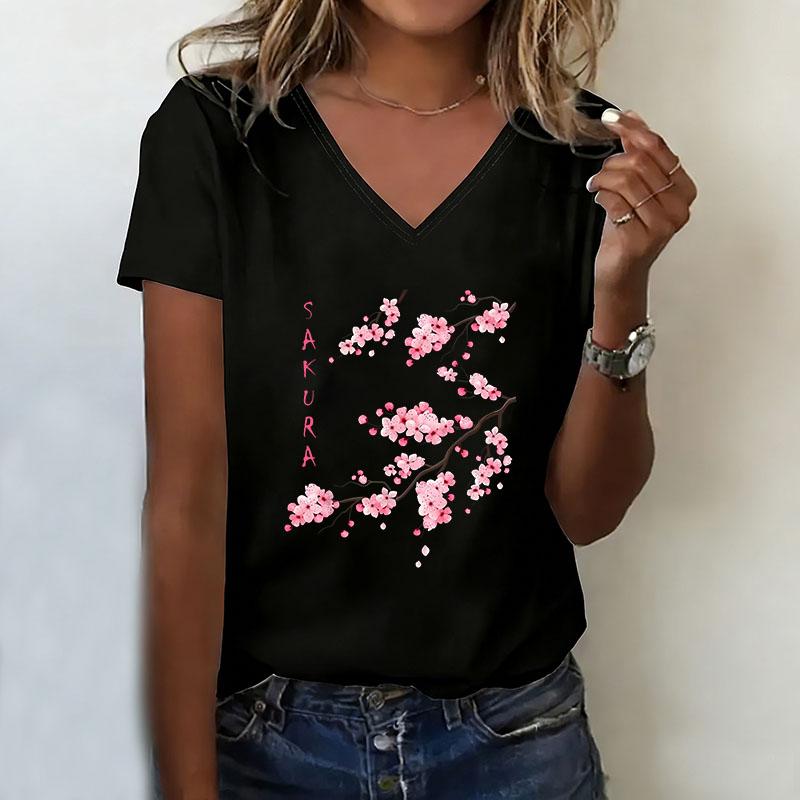 

T-shirt V-neck casual fashion cherry blossom print T-shirt XL