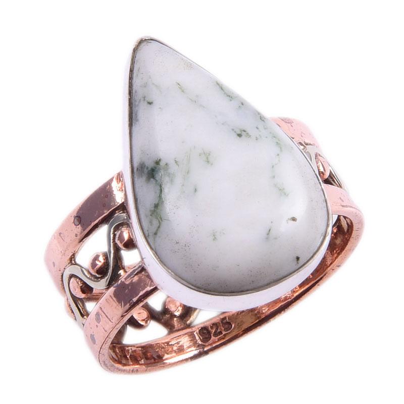 Natürlicher Grüner Dendrit Opal Edelstein 925 Sterlingsilber Zweifarbig Ring Gr.7.5 I3J20
