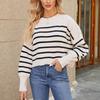 Women's Loose Short Pullover Sweater Stripe Long Sleeve Round Neck Knitted Top