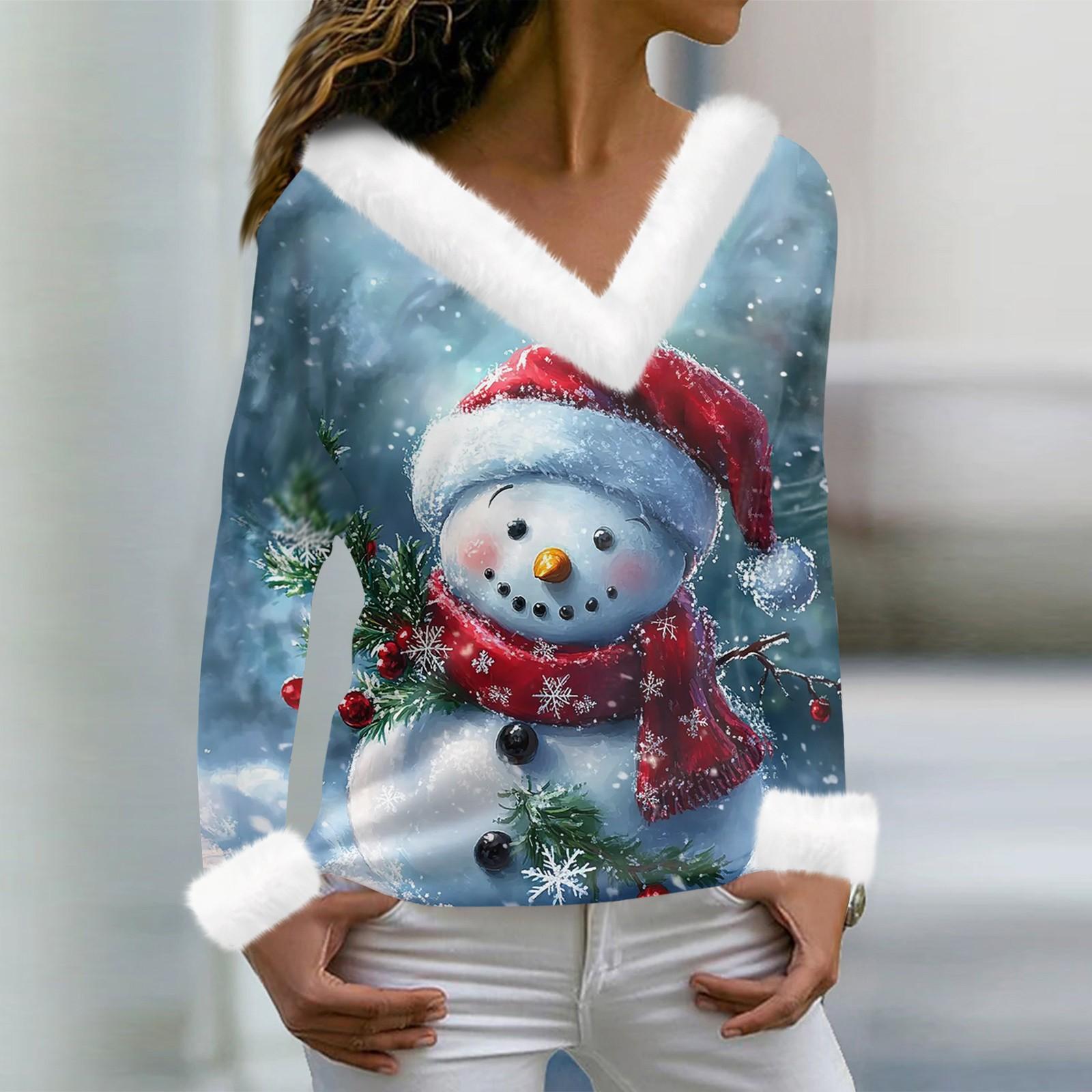 

Женская футболка с рождественским принтом, длинный рукав, флисовый воротник, V-образный вырез, футболка M синий