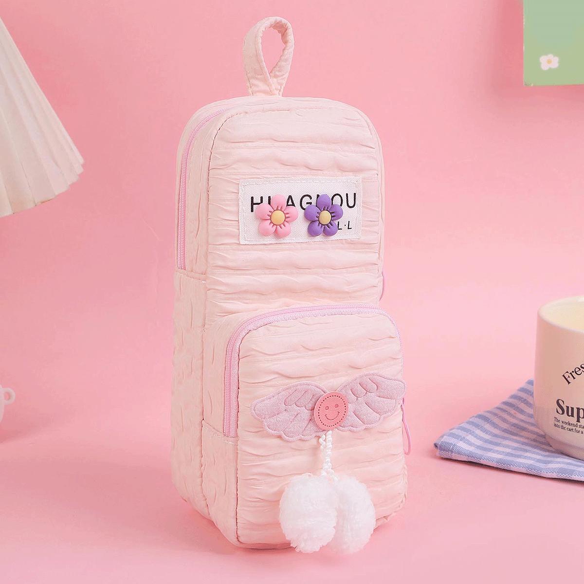 

Cute Fluffy School Bag Shape Pencil Case Large Capacity Double Zipper Flower Stationery Organizer Girls Student School Supplies рожевий