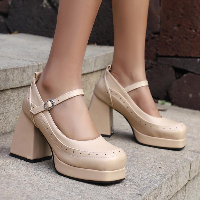 Fashion Elegant Women's High Heels Mary Janes Shoes Pumps Platform Large Size 45 Black Gray Red Heeled Dance Party Wedding Shoes Female