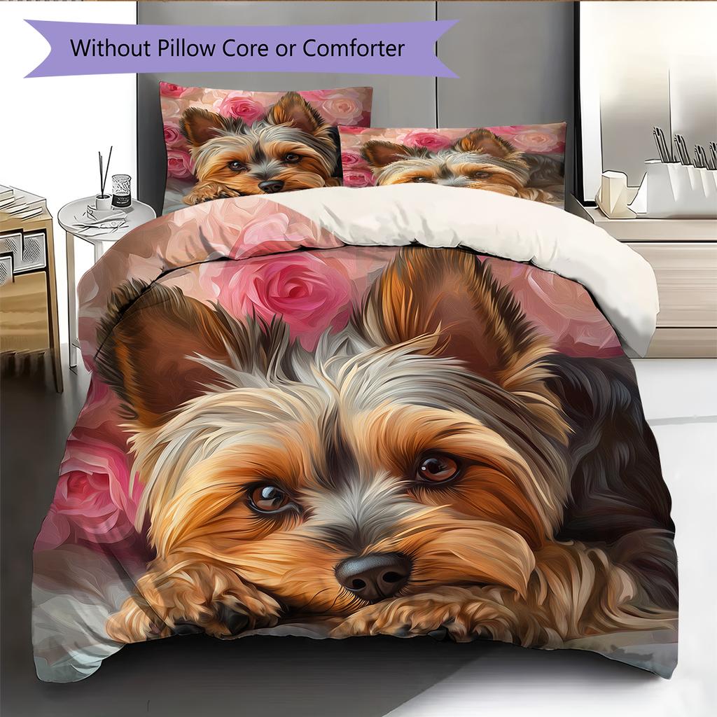 Yorkshire Terrier and Fresh Flowers Pattern Bedding Home Decoration Birthday Gift (1 * Duvet Cover + 2 * Pillowcase, Without Core)
