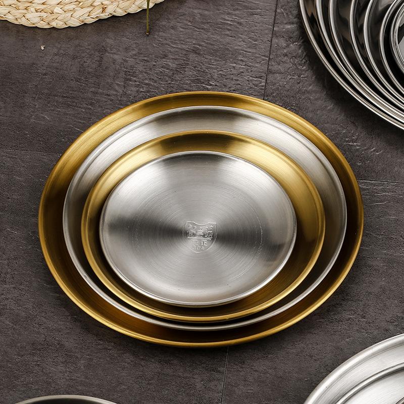 1 Pcs Thickened New Stainless Steel Disc Golden Cafe Tray Dining Disc Fruit Meat Dessert High Quality Round Plate Shallow Tray