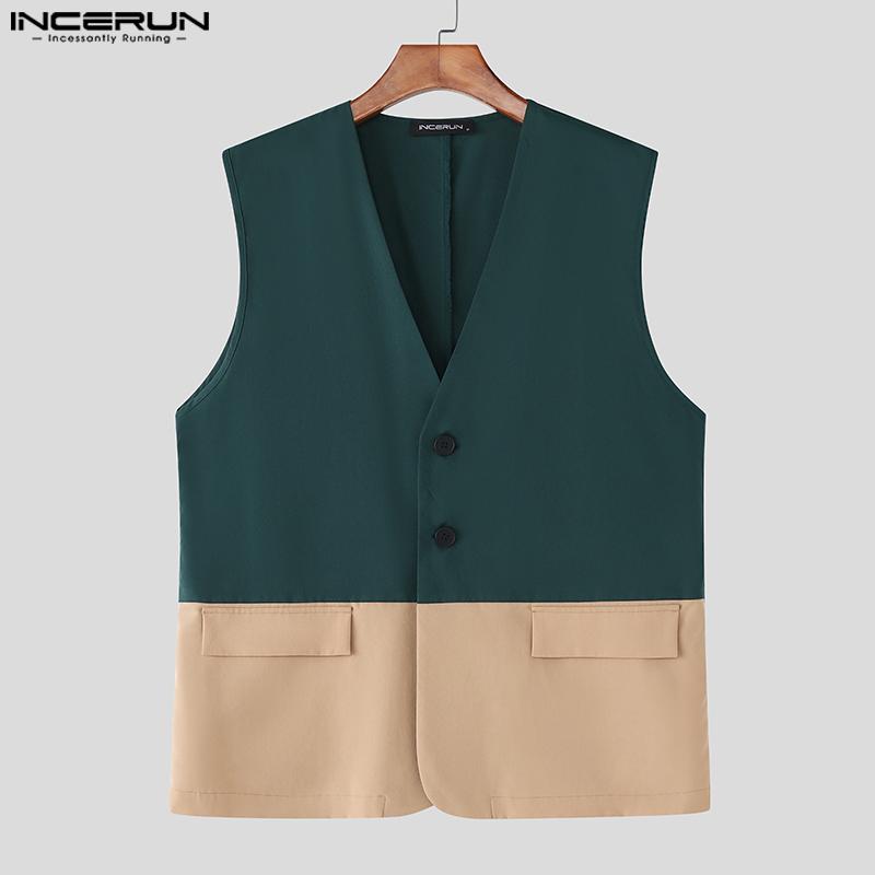INCERUN Two Pieces Men Sleeveless Patchwork Waistcoat and Long Straight Pants Sets