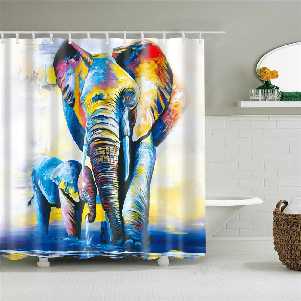 Cartoon Animals Elephant Flamingo Bathroom Curtains Waterproof Polyester Flowers Plant Printed Shower Curtains With 12 Hooks