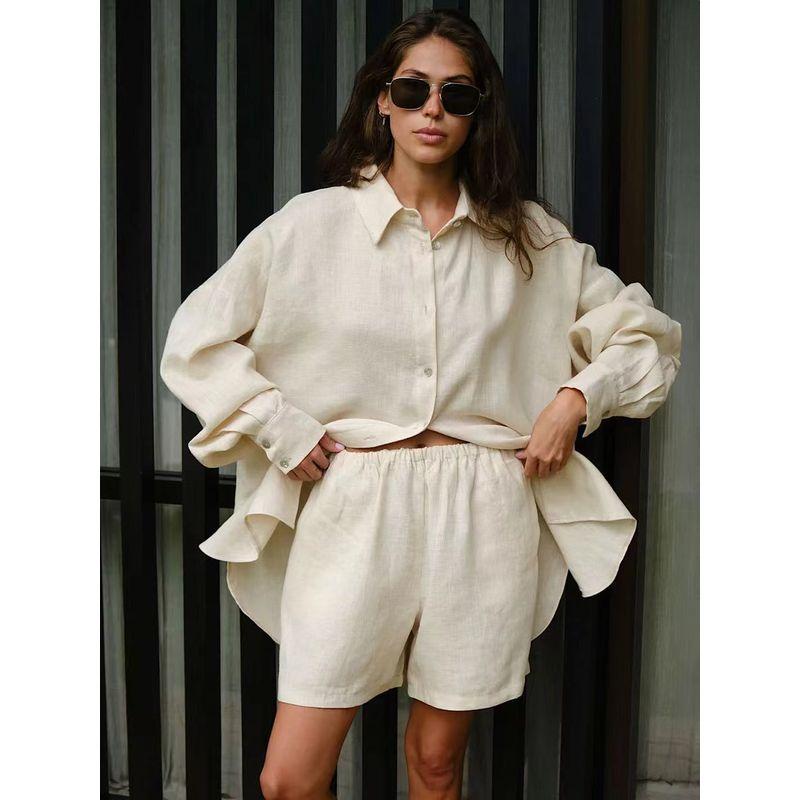 Western Style Summer New Casual Loose Long sleeve Shirts Shorts Set Loose Shirt + Shorts Set