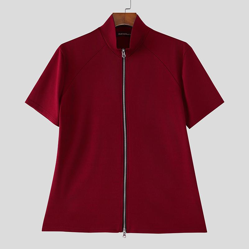 INCERUN Summer Men Stand Neck Short Sleeve Zipper Splits Fitted Casual Tops T-shirts