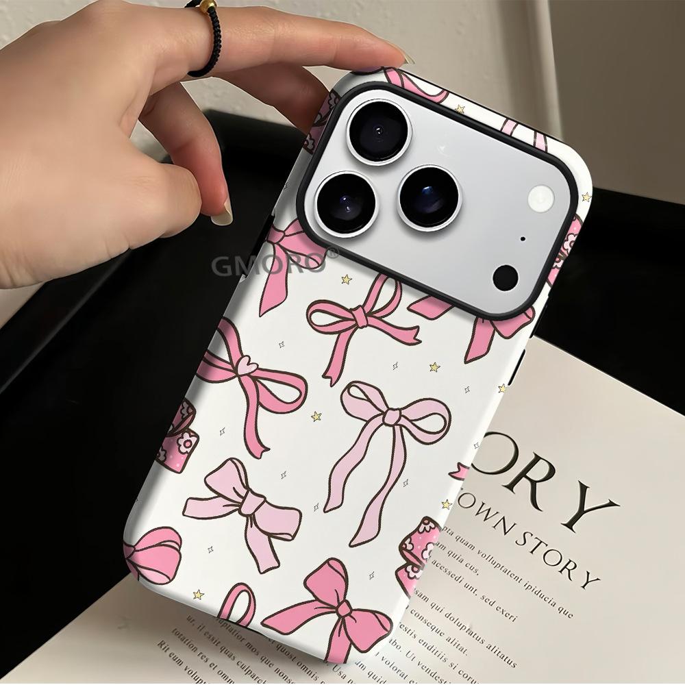 Pink Bow Is Suitable for Iphone17promax Anti-drop Two-in-one Film Case Apple 16 Mobile Phone Case.