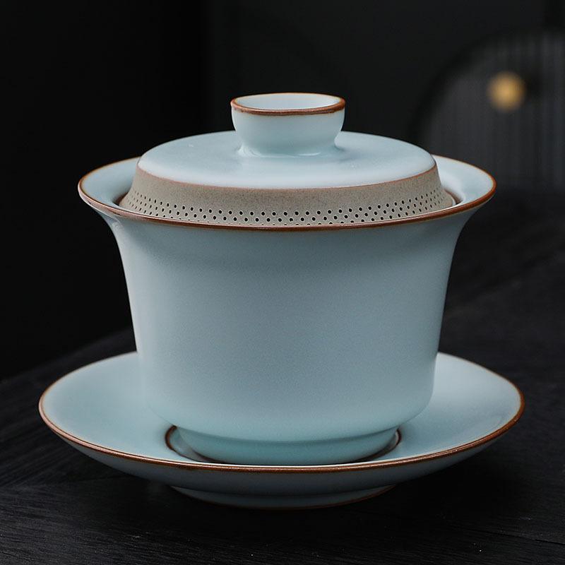Ru Kiln Celadon Gaiwan with Built-in Filter Heat Resistant Ceramic Teapot for Gongfu Tea Ceremony Home Brewing Handmade Gift