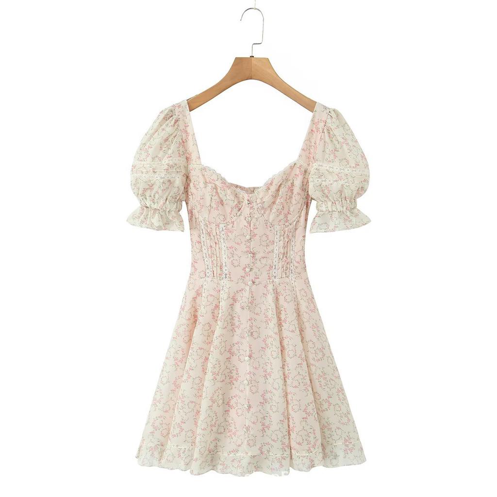 Pure desire French sweet temperament printed bubble sleeve square neck princess dress bow lace splicing waist dress