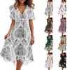 Women’s V Neck Short Sleeve Midi Dress with Floral and Butterfly Print A Line Lightweight Fabric for Daily Wear