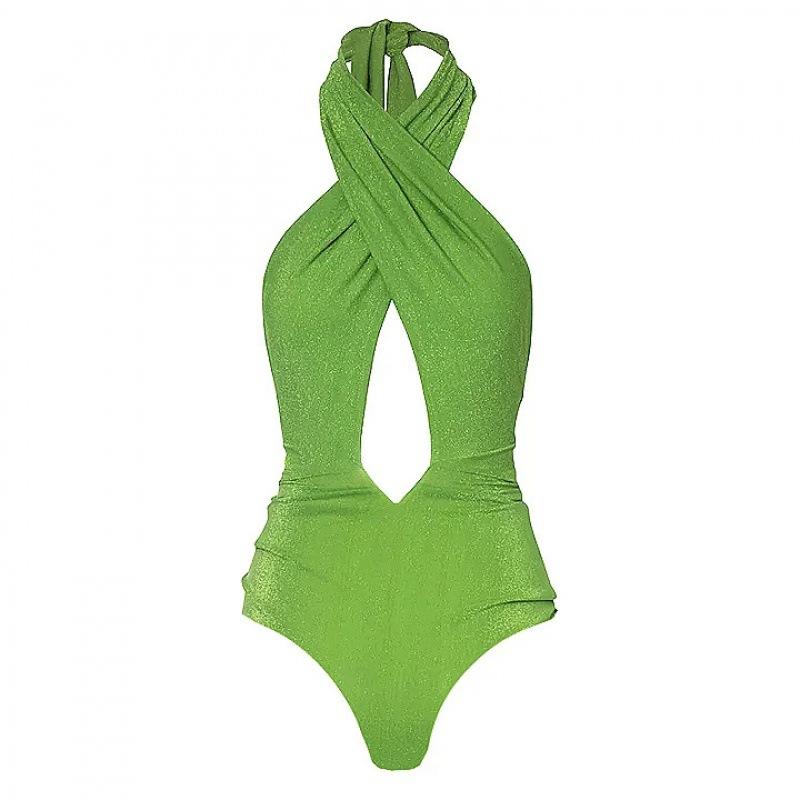 European and American swimwear women s flash fabric deep V sexy one-piece swimsuit set S