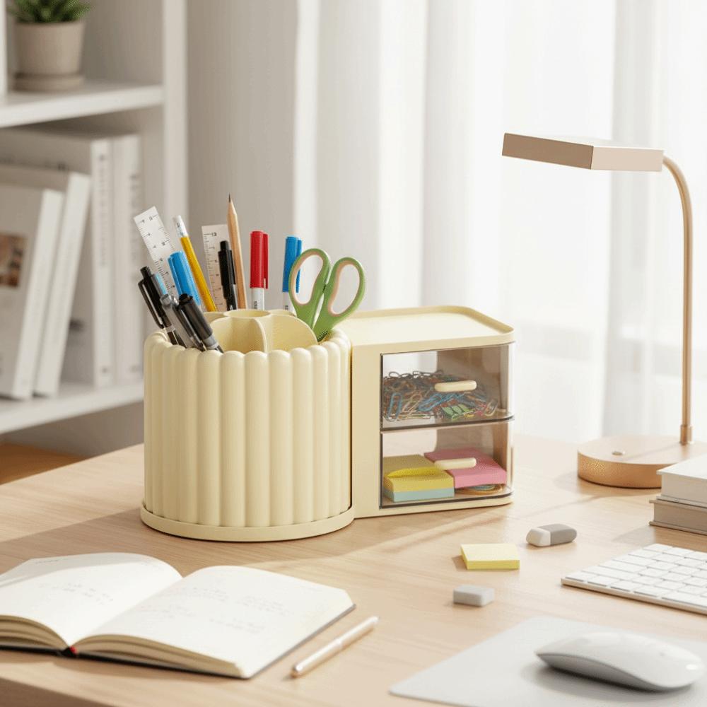 2 Drawers Makeup Brush Holder Large Capacity Desk Organizer Rotating Organizer  Stationery Storage