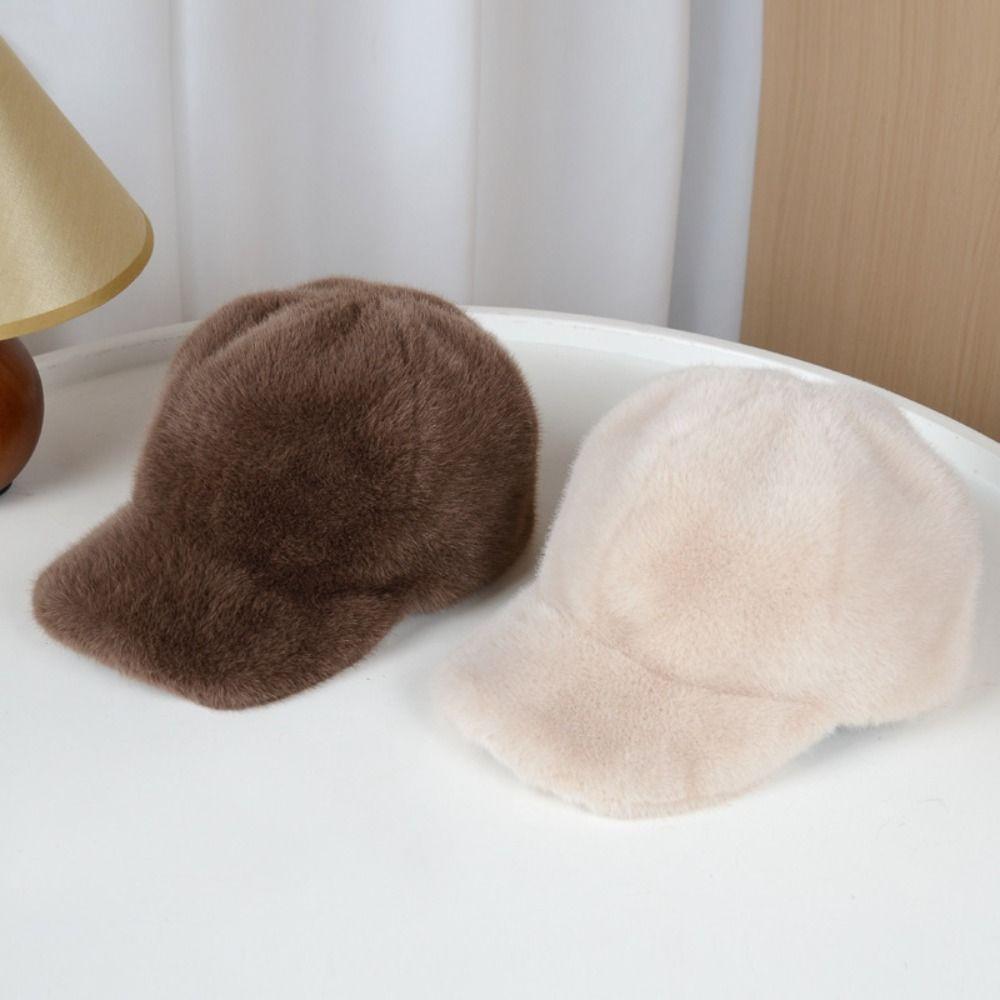 Solid Color Faux Fur Duckbill Hat Thickened Warm Plush Hat Casual Fluffy Baseball Hat Outdoor