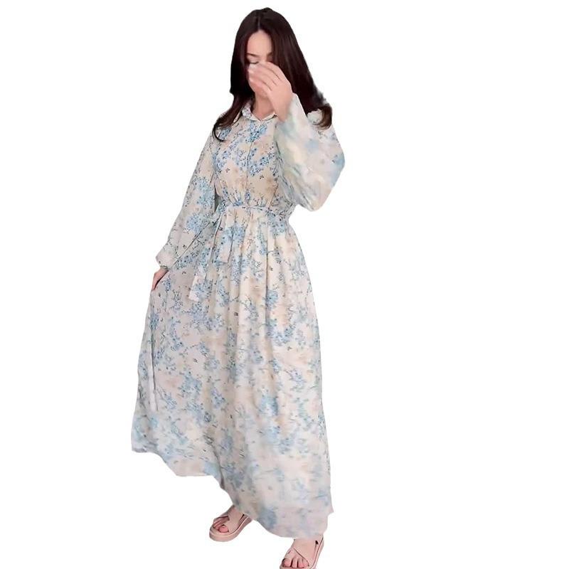 2024 Autumn European & American Gentle Lace-up Waist Slimming Floral Maxi Dress