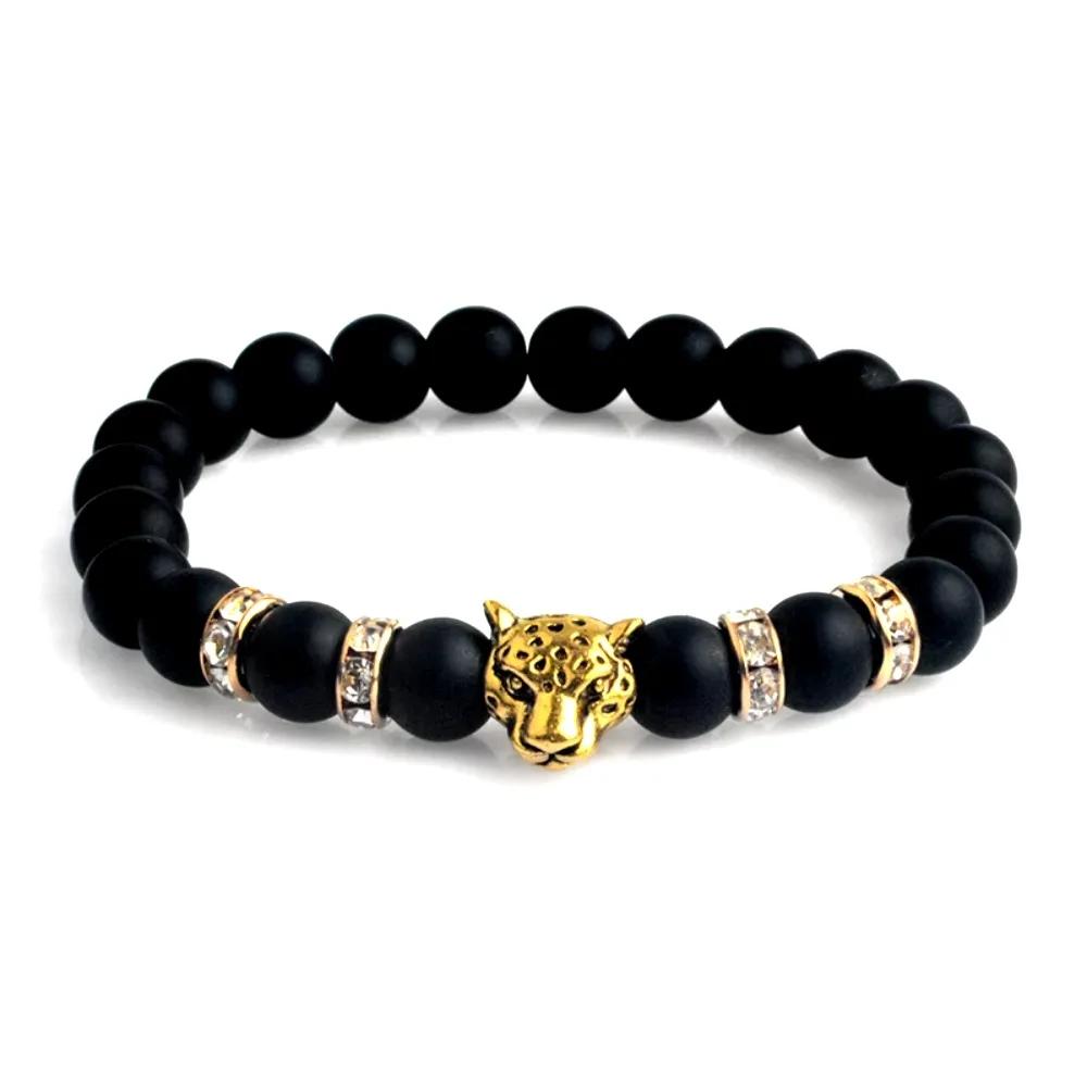 SUMENG Men Matte Black Onyx Tiger Leopard Beaded Bracelet Natural Stone Lucky Charm Strand Bracelet Fashion Jewelry Accessories