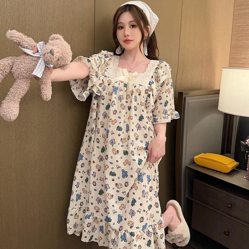 Princess Style Fattened And Enlarged Summer Short-Sleeved Nightgown Wrinkled Cotton Loose Large Size Sweet Cartoon Loungewear Can Be Worn Outside