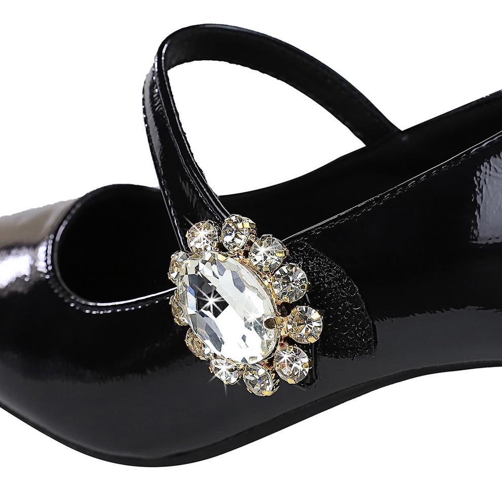 Women's Shoes with Thick Heel, Shallow Mouth, Square Toe, Rhinestone Buckle, Straight Strap, Single Shoe for Women