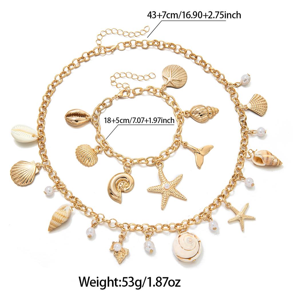 Coastal Style Shell, Conch and Starfish Necklace & Bracelet Set, Vacation Style Clavicle Chain