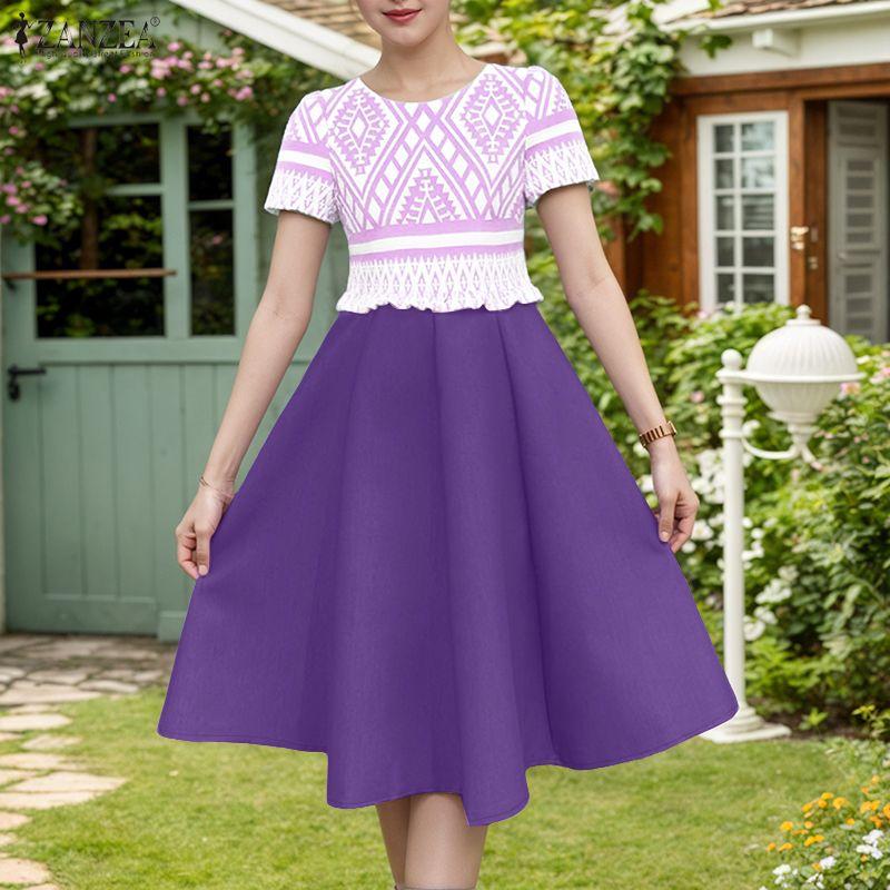 ZANZEA Women Summer Round Neck Casual Short Sleeve Print Dress