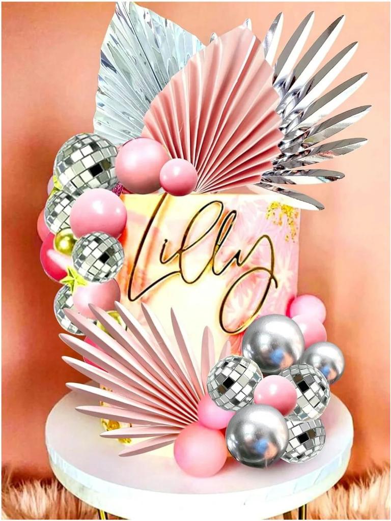 Pink Sliver Disco Balls Cake Decoration Palm Leaves Cake Decoration Stars Cake Decoration 70s Disco Bachelorette Party Supplies