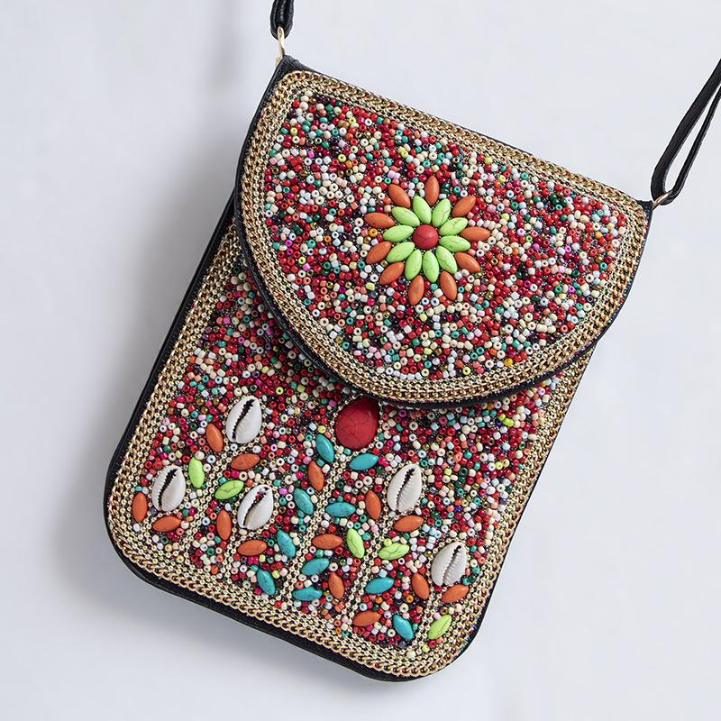 Bohemian Ethnic Shoulder Bag with Rice Beads, Shell Mobile Pocket, Floral PU Design, Women's Crossbody for Travel Photography.