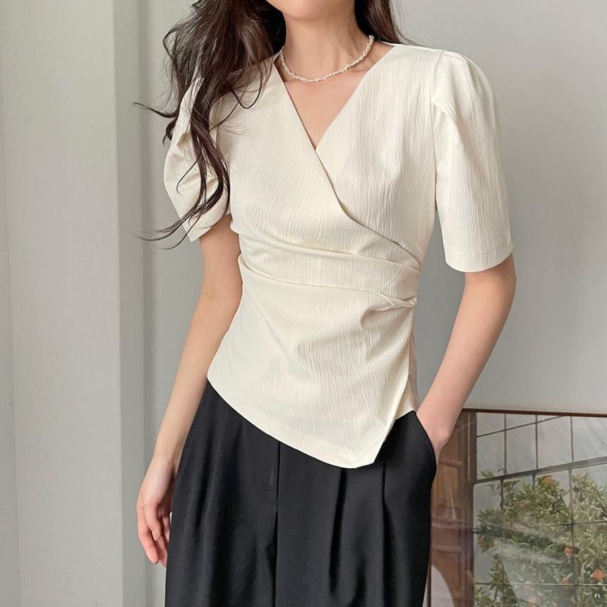 New French Style Irregular V-Neck Pleated Short-Sleeve Women's Shirt for Summer 2026.