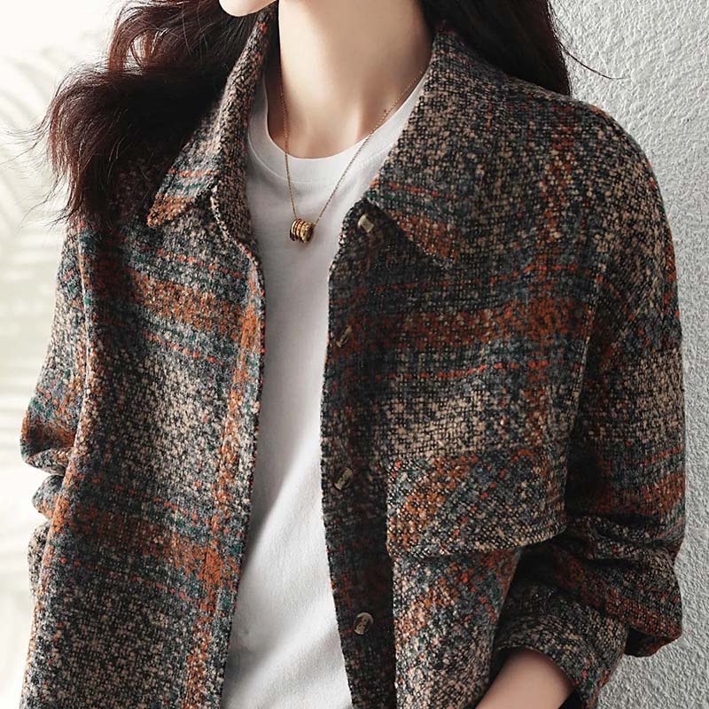 Shirt Coat for Women Casual Oversize Cardigan Double Layer Vintage Windbreaker Plaid Shirt Jacket