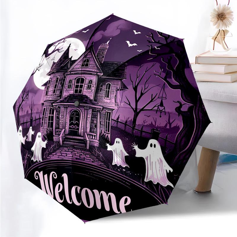 Happy Halloween Themed Folding Umbrella Fashion Auto-Open 8 Iron Ribs Plastic Handle Foldable Sunshade Perfect Christmas Gifts