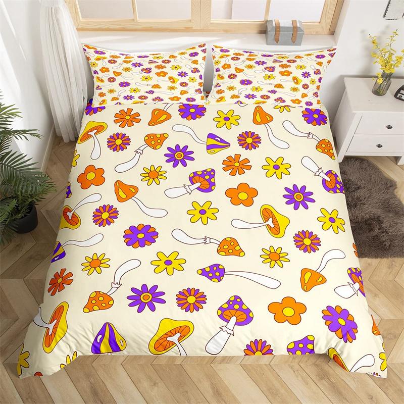 Retro Hippie Flower Duvet Cover Rainbow Floral Bedding Set Polyester Cartoon Ghost Comforter Cover Set 60S 70S Groovy Bedclothes