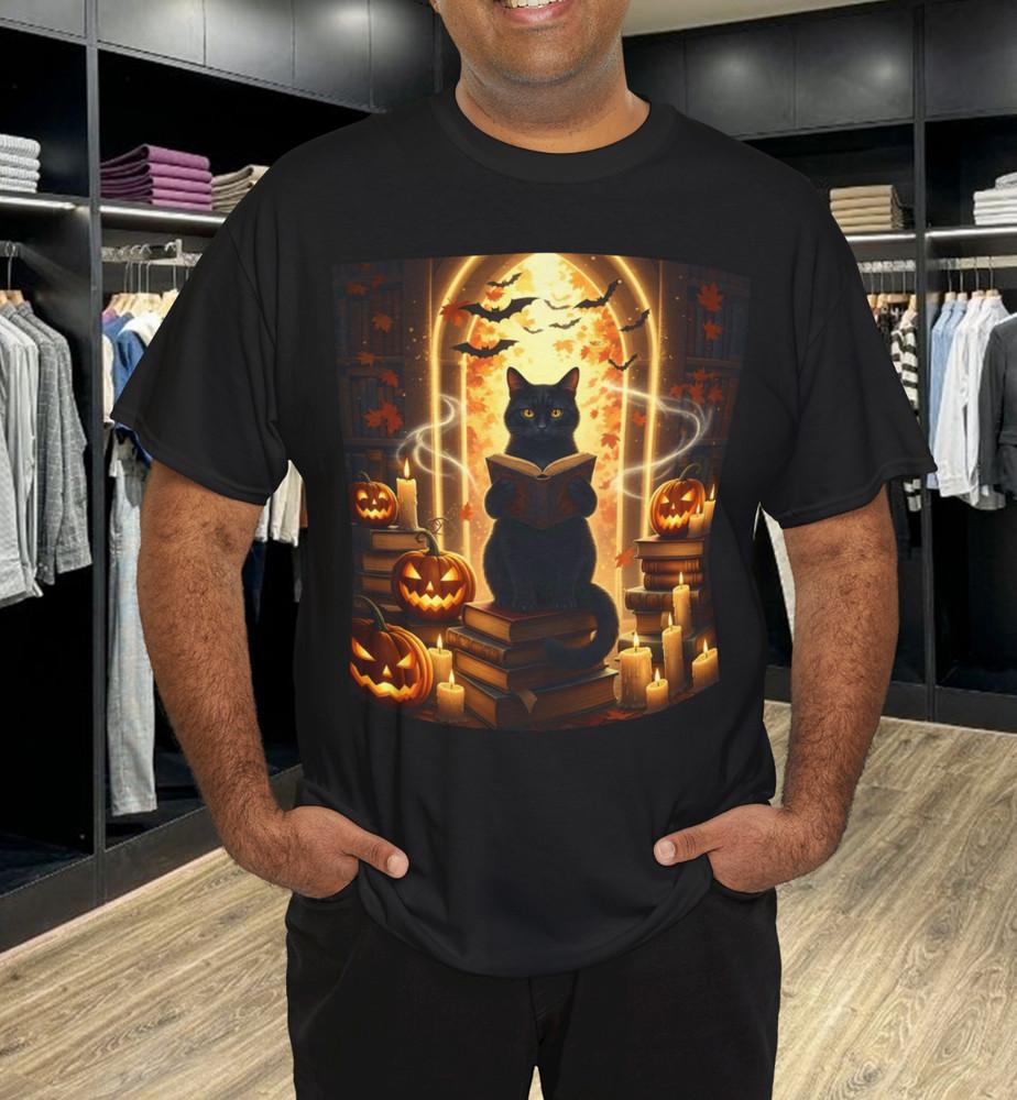 

Black Cat Reading Books Pumpkin Autumn Teachers Halloween T-Shirt 3XL