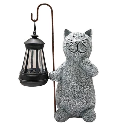 Solar Cat Statue Light Garden Kitty Holding Lantern Sculpture Outdoor A