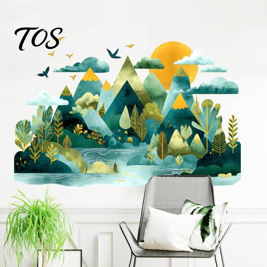 Easy Installation Wall Graphics 2Pcs Watercolor Mountain Sticker, Peel And Stick Landscape Decal, PVC Waterproof Scenery Boho Stickers Mural,