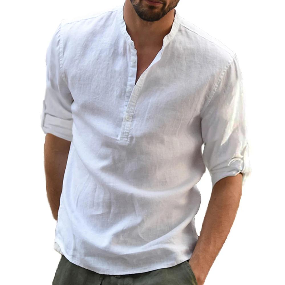 Cotton Linen Hot Sale Men's Long-Sleeved Shirts Summer Solid Color Stand-Up Collar Casual Beach Style Plus Size Linen Man Tops