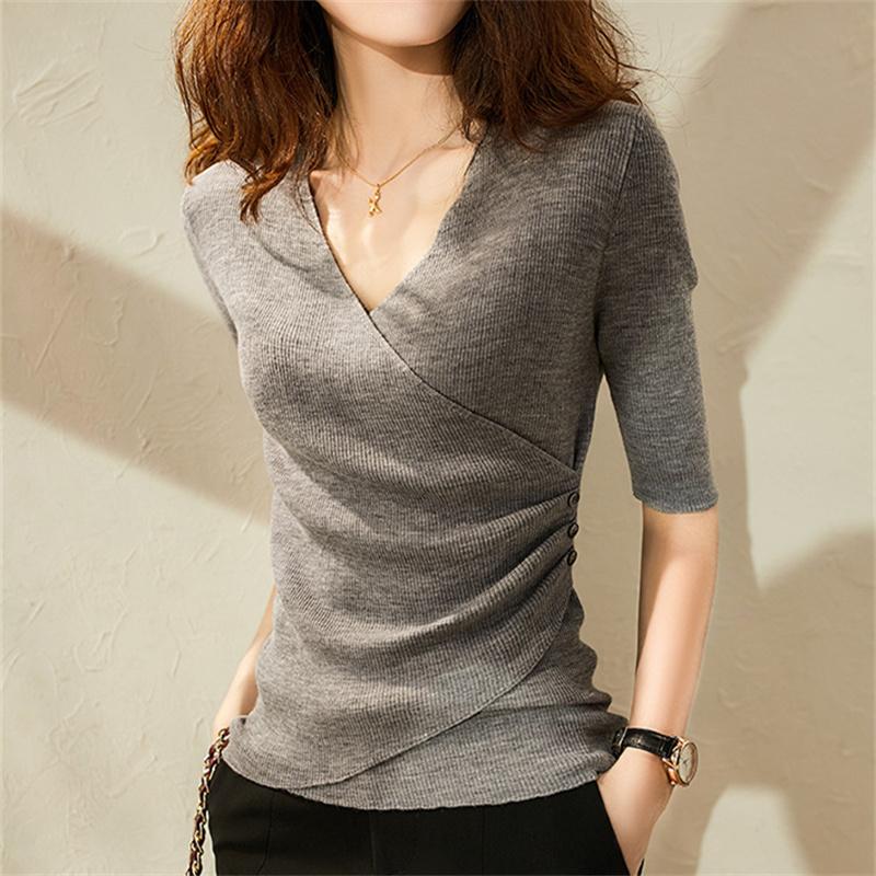 

2022 корейские повседневные женские пуловеры с v-образным вырезом, блузки, трикотажные женские сексуальные облегающие элегантные модные трикотажные женские блузки с короткими рукавами
