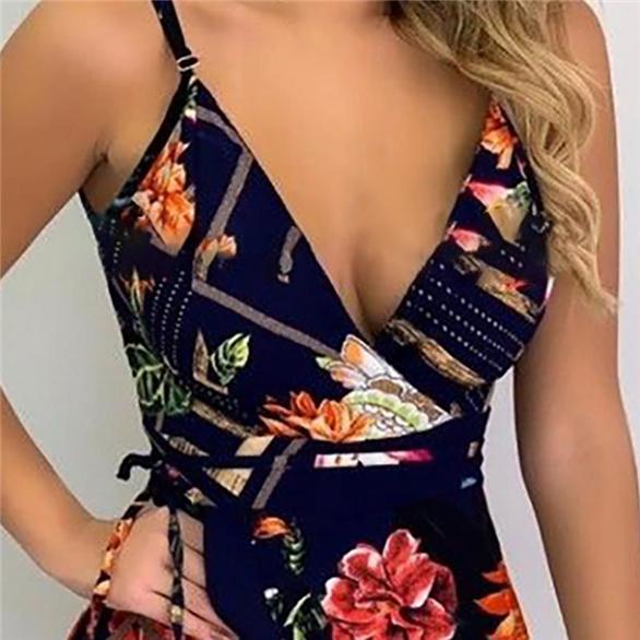 Women's Jumpsuits Sexy Deep V-neck Sleeveless Tops Bohemian Floral Printing Casual Slim Fit Summer Rompers Trendy Wild Short Pants