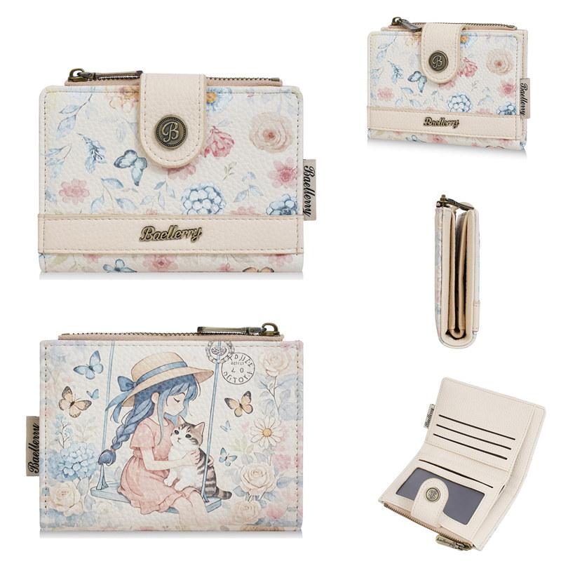 Baellerry Flowers Print Women Fashion Short Wallets Artificial Leather Zipper Coin Purse Money Pack
