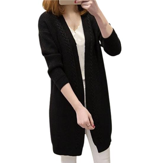 Long Sleeve Mid-Length Women Cardigan Autumn Winter Solid Color Twist Edge Knitted Coat Outerwear чёрный